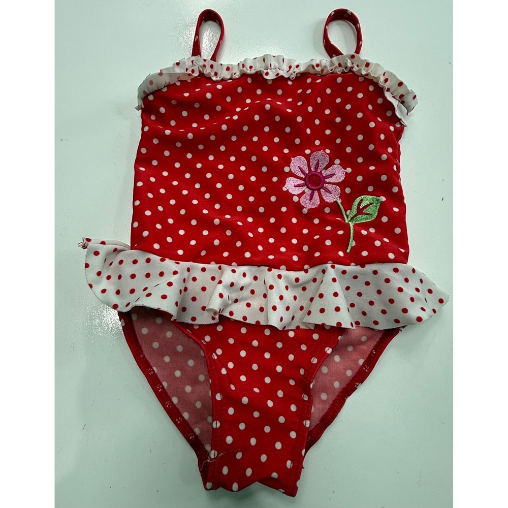 Penelope Mack Toddler Girls Red Polka Dot Ruffle One Piece Swimsuit 18M